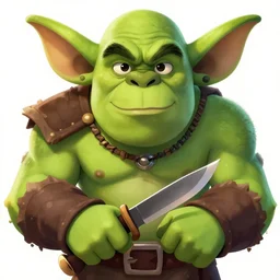 an unusual character of the game. an orc with big ears and a symmetrical face. he holds a knife in his hands. looks at you frontally and wants to kill you. the body color is green, and the design is 4 k. i'm a bright face. two hands.