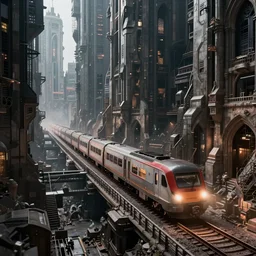 a huge train driving through an underground city with very tall buildings dissapearing into darkness, futuristic, gothic, sci-fi, brutalism, hyperdetailed, Cinematic, Ultra-Wide Angle, Kinemacolor, Massive, Artstation