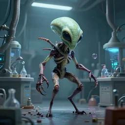 alien lab, bug - like alien, biopunk, flying particles, lab equipment, creepy, 8 k, 3 d art by nika maisuradze, digital art, 8 k