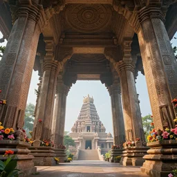 photography of a beautiful archipelago of never seen before stunning ancient indian temple. intricate pilars patern, runes. flowers. inspiring science fiction, intricate, elegant, uplifting, inspirational, highly detailed by beksinski and simon stalenhag