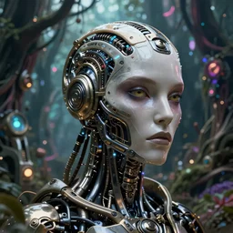35mm portrait of a sophisticated intricate terminator woman's head on the background of a weird magical mechanical forest .Very detailed 8k. Fantasy cyberpunk horror. Sharp. Unreal 5 render with nanite, global illumination and ray tracing. Cinematic post-processing