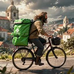 a bearded and long haired bicycle food delivery worker with a green bag on his back in rossio lisbon, he has boots, hearthstone art style, epic fantasy style art by kim jung gi, fantasy epic digital art