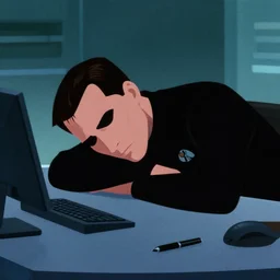1 9 7 9 sci - fi portrait of neo sleeping at his desk. simple stylized cyberpunk photo from the matrix ( 1 9 9 9 ) by josan gonzalez.