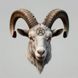 a realist rendered portrait of a human with a goat head with large curly horns and a pentagram on its forehead, empty background, unreal octane cinema 4 d, devil, demonic, baphomet