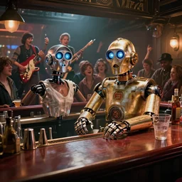 scene from a movie about a robot bartender, chappie, c 3 p 0, dingy bar, cinematic, big budget movie, moody smoky atmosphere. a robot rock band, large crowd of people and robots are drunk and dancing, happy times. directed by denis villeneuve, cinematography by roger deakins and darius khondji, high resolution render