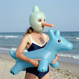 1981 woman on tv show wearing a squishy inflatable prosthetic mask long stick nose, soft color wearing a swimsuit at the beach 1981 color film 16mm holding a an inflatable animal Fellini John Waters Russ Meyer Doris Wishman old photo