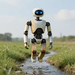 upper torso droid, with no legs, hovering above a field with a stream running through it