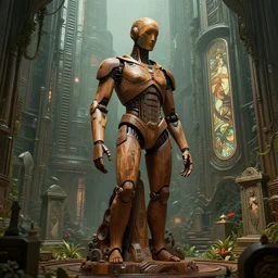 octane render, ultra photorealistic, hyper detailed, unreal engine, a breathtaking wooden mystical statue robot of the last human in existence cyberpunk in a sci - fi gothic terrarium tech - cemetery, in neo tokyo artwork by greg rutkowski, alphonse mucha, inspired by blade runner 2 0 4 9