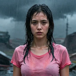 cinematic shot epic portrait an female survivor wearing a pink t shirt, apocalyptic backround, storm, rain, wet flowing hair, sweaty skin, cute - fine - face, pretty face, realistic shaded perfect face, toned muscles, fine details by stanley artgerm lau, wlop, rossdraws, james jean, andrei riabovitchev, marc simonetti, and sakimichan, trending on artstation,