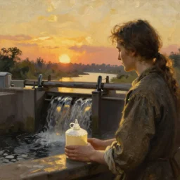 breathtaking detailed soft painting of sluice rumor, where i see a melancholy of a golden of the sunset detergent, rembrandt style, elegant, highly detailed, artstation, concept art, matte, sharp focus, art by tom bagshaw, and greg rutkowski