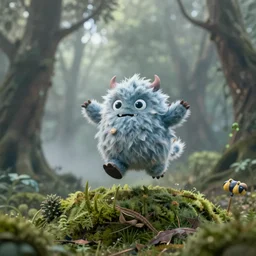 A little furry cute monster is excited jumping over a mound in a misty forest, 4k, 8k