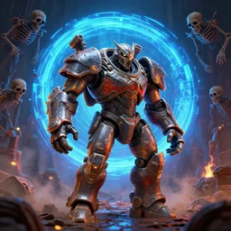 DOOM guy with mecha armor on hell,neon blue portal on background spawing skelletons,cinematic lighting,detailed concept art,CGI render by octane render,high quality digital art,clay feelling ,more things on enviroment ,global illumination,more reflection, godrays,fine sharpen,high constrast, film grain, cromatic aberration, 3d effect, scratch on surfaces, sparkles, dusts,fantasy fireflies,vfx