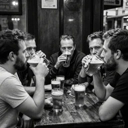 a high quality image of five men drinking beer and talking intelligently in pub, detailed photograph, black and white photography, street photography