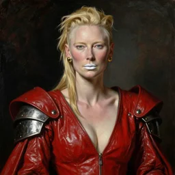 warrior, mulatto,, beautiful face, beautiful features, tilda swinton image, white lips, long golden hair, red closed leather dress, leather armor, iron armor, gold earrings, alexander mcqueen clothing, very beautiful style, realism, oil, titian, velasquez, degas, repin, edgard mcsons,