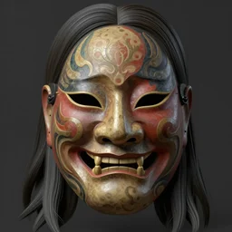 a highly detailed radiosity 3d render of a man's face with long hair wearing a traditional japanese decorated mask, an airbrush painting by David Alfaro Siqueiros, featured on pixiv, metaphysical painting, airbrush art, grotesque, wiccan, unreal engine 5, unreal engine, cryengine