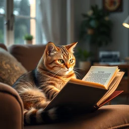 a cat reading a book, in the living room, the studio is illuminated, no distorsion, sharp focus