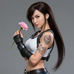concept art of tifa lockhart with tattoos, holding a flower, high quality, detailed, trending on artstartion