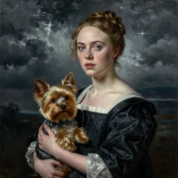 Elle Fanning holding a Yorkshire Terrier in the style of Lady with an Ermine, head and shoulders portrait, stormy weather, extremely detailed masterpiece, oil on canvas, low-key neon lighting, artstation, Blade Runner 2049, Roger Deakin’s cinematography, by J. C. Leyendecker and Peter Paul Rubens and Edward Hopper and Michael Sowa,