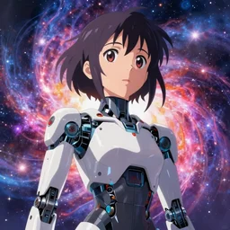 makoto shinkai robotic android girl futuristic cyberpunk dystopia vibrant nebula sky