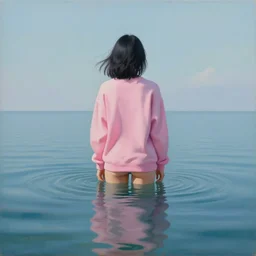 painting of a woman with black hair in pink sweatshirt standing in an infinite ocean water reflection, painting by james jean, alex ross, hyperdetailed, 4 k, soft lighting, digital art