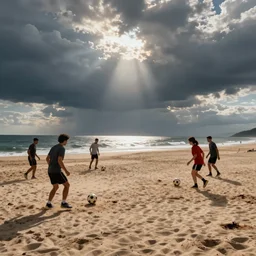 adults playing soccer in the beach