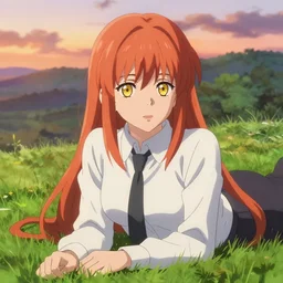 anime art full body portrait character concept art, anime key visual of elegant young female, light orange - red hair, straight bangs and large yellow eyes, with swirls, white formal shirt and tie, finely detailed perfect face delicate features directed gaze, laying down in the grass at sunset in a valley, trending on pixiv fanbox, studio ghibli, extremely high quality artwork, chainsaw man, fujimoto