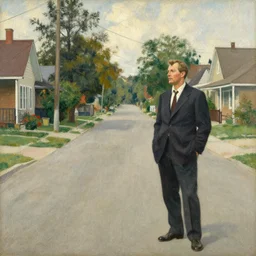 a suburban street, art by ilya repin and norman rockwell