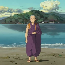 a wide shot film still of matsushima bay. a mauve old monk is standing on the beach. perfect art, grimdark, trending on pixiv fanbox, painted by studio ghibli