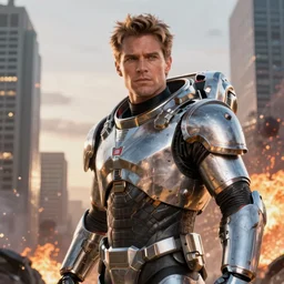 VFX movie portrait closeup powerful DC vs. Marvel hero space marine, natural skin, hero pose, natural evening light in the city exploding skyscrapers war zone by Emmanuel Lubezki