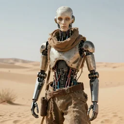 a detailed portrait of a vagabond robot in dessert rags, 4 k, exposed wires, sci - fi, advanced technology, ai, human features, human shape