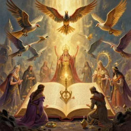 an epic fantastic realism comic book style painting depicting the summoning rituals of glorious birds from a futuristic grimoire, digital art