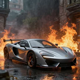 sports car heavy rain fire, deep focus, d & d, fantasy, intricate, elegant, highly detailed, digital painting, artstation, concept art, matte, sharp focus, illustration, hearthstone,