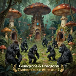 a jungle village of cybernetic albino gorillas and their mushroom huts, matte oil painting, retrofuturistic, science fantasy, rusted libraries, salt power, lgbt, queer, rpg, epic, dungeons & dragons, sacred, sharp focus, award - winning, extremely detailed, 4 k, 8 k