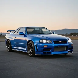 electric blue R34 skyline, photography, 4k, volumetric lighting