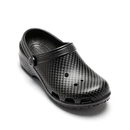 carbon fiber clogs, commercial catalog photo, isolated on a pure white background, centered, entire object in frame, sharp focus, soft studio lighting