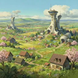 a beautiful landscape of a futuristic science fiction village with curved houses in the french countryside during spring season. highly detailed painting by studio ghibli hd and william adolphe bouguereau hd. nice afternoon lighting, smooth tiny details, soft and clear shadows, low contrast, perfect