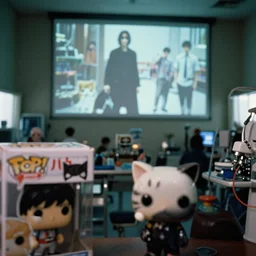 fuji 5 0 r, 3 5 mm ; closeup akira film still of busy medical bay interior with window view ; in the background projection of beautiful film still from matrix movie of seinen manga funko pop cat scene in style of 1 9 9 0 frontier in closeup porcelain photography magazine architectural studio edition, highly detailed, cinematic lighting, 8 k