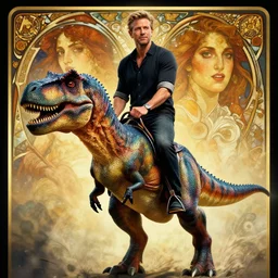 hyperrealistic portrait of jeff goldblum riding a velociraptor. by jeremy mann and alphonse mucha, fantasy art, photo realistic, dynamic lighting, artstation, poster, volumetric lighting, very detailed faces, 4 k, award winning