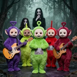 gothic teletubbies form a rock band. emo. disturbing. folk horror