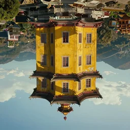 a very high resolution image from a new movie, upside - down old yellow chinese temple, beautiful scenery, photorealistic, photography, directed by wes anderson
