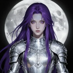 portrait of young junoesque prophetess of the moon, silver filigree armor, purple hair, translucent skin, beautiful! coherent! by brom, by junji ito, strong line, high contrast, muted color