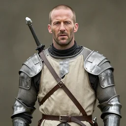 jason statham cast as dijkstra in the witcher netflix series, wearing a beige cloth gambeson