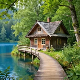 of a little cabin by the lake with a wooden bridge, surrounded by nature luxury green foliage, and blue water, hyper detailed, intricate, 8 k, in the style of thomas kinkade,