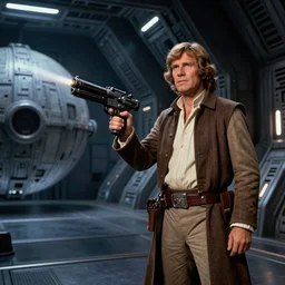 flik ( a bug's life 1 9 9 8 ), holding a blaster, in a still of star wars episode iv a new hope ( 1 9 7 7 ), by george lucas, death star scifi corridor
