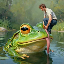 gigantic monster frog's head above water of pond holding man with his tongue by andreas achenbach