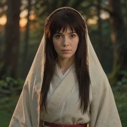 portrait of woman, forest background, shallow depth of field, cloth, princess mononoke, 4 k, greg rutkowski, high detail, dramatic lighting, sunset, hayao miyazaki, masashi ando, nizou yamamoto, kazuo oga, joe hisaishi, yoji takeshige, naoya tanaka