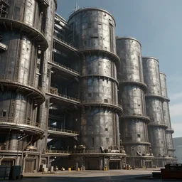 3 d sculpt of a thick cylindrical curvilinear industrial multi story sprawling with walkways military scifi giant warehouse facade gun metal airport inspired by the matrix, star wars, ilm, beeple, star citizen halo, mass effect, starship troopers, elysium, the expanse, high tech industrial, artstation unreal