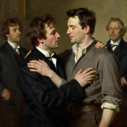 stephen amell comforting chris evans, painting by gaston bussiere, craig mullins, j. c. leyendecker