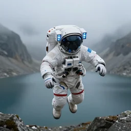 of space astronaut flying inside himalaya mountains lake, small foggy and gloomy, blue helmet lights, bokeh background, highly detailed science fiction illustration by jeremy geddes. photorealistic, octane render, hyper detailed, 8 k, movie still, artstation, unreal engine