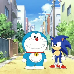wide shot, doraemon and sonic the hedgehog, tokyo residential neighborhood,anime illustration by Fujiko Fujio,concept art
